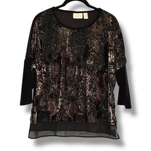 Chico’s Velour Burnout Sheer Black 3/4 Sleeve Top Small